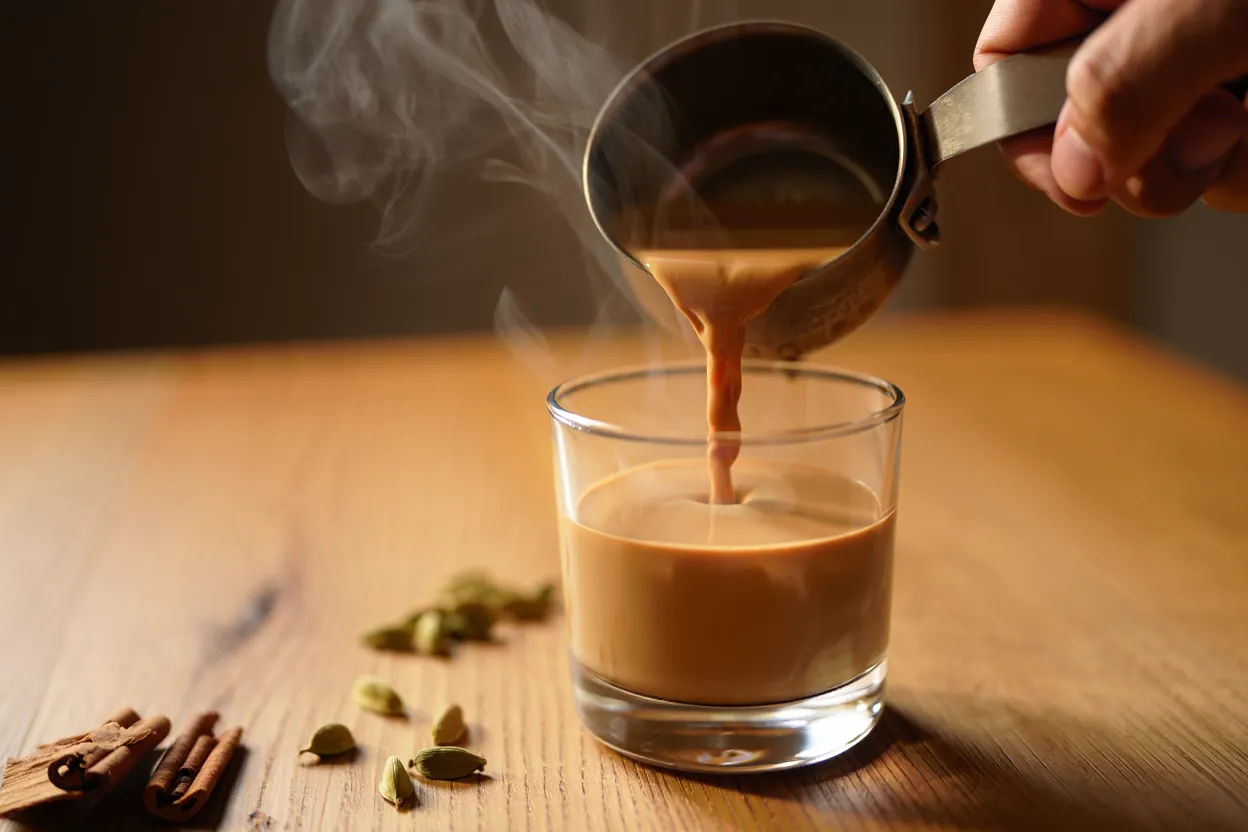 Masala chai being poured, steam rising, spices on the table