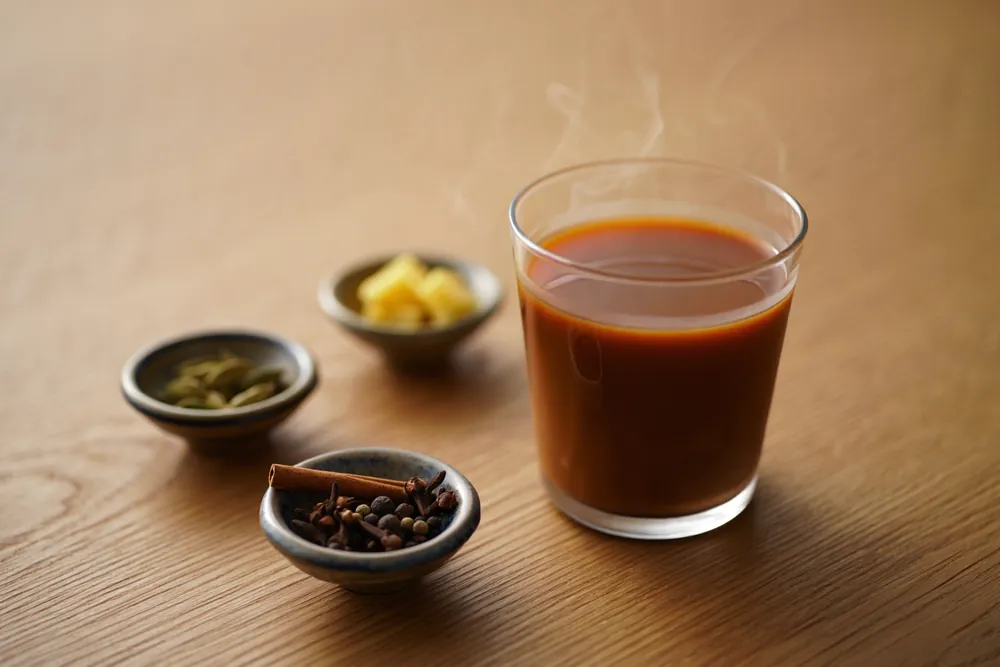 Masala chai with whole spices arranged around the glass
